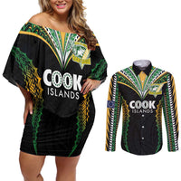 Custom Cook Islands Rugby League Couples Matching Off Shoulder Short Dress and Long Sleeve Button Shirt Tatau Tribal Pattern-Special Edition Black Color LT03 Green-Black - Polynesian Pride