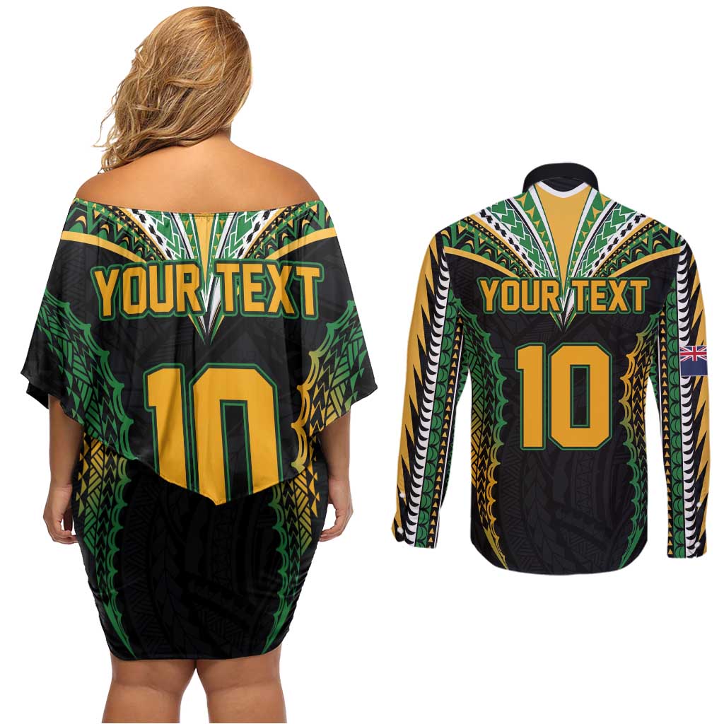 Custom Cook Islands Rugby League Couples Matching Off Shoulder Short Dress and Long Sleeve Button Shirt Tatau Tribal Pattern-Special Edition Black Color LT03 - Polynesian Pride