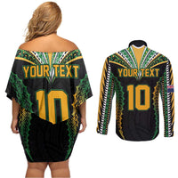 Custom Cook Islands Rugby League Couples Matching Off Shoulder Short Dress and Long Sleeve Button Shirt Tatau Tribal Pattern-Special Edition Black Color LT03 - Polynesian Pride