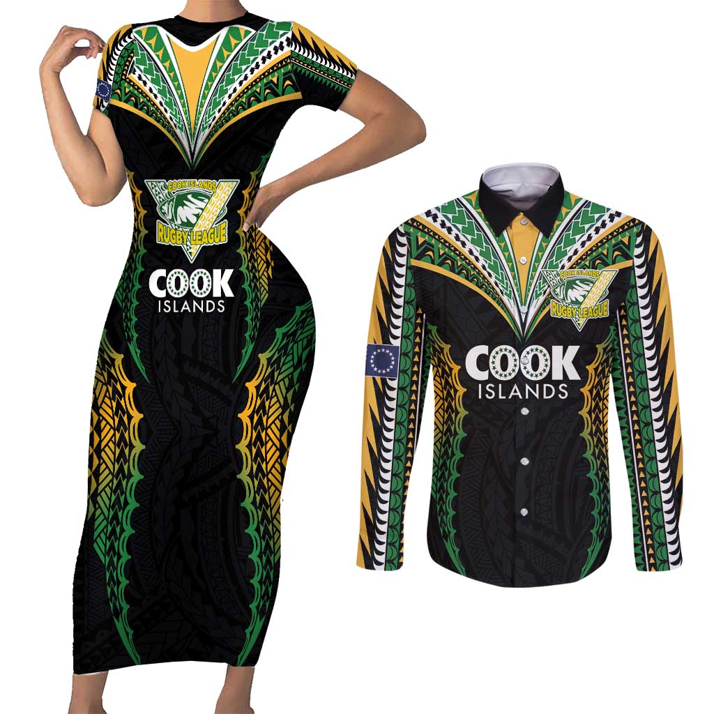 Custom Cook Islands Rugby League Couples Matching Short Sleeve Bodycon Dress and Long Sleeve Button Shirt Tatau Tribal Pattern-Special Edition Black Color LT03 Green-Black - Polynesian Pride