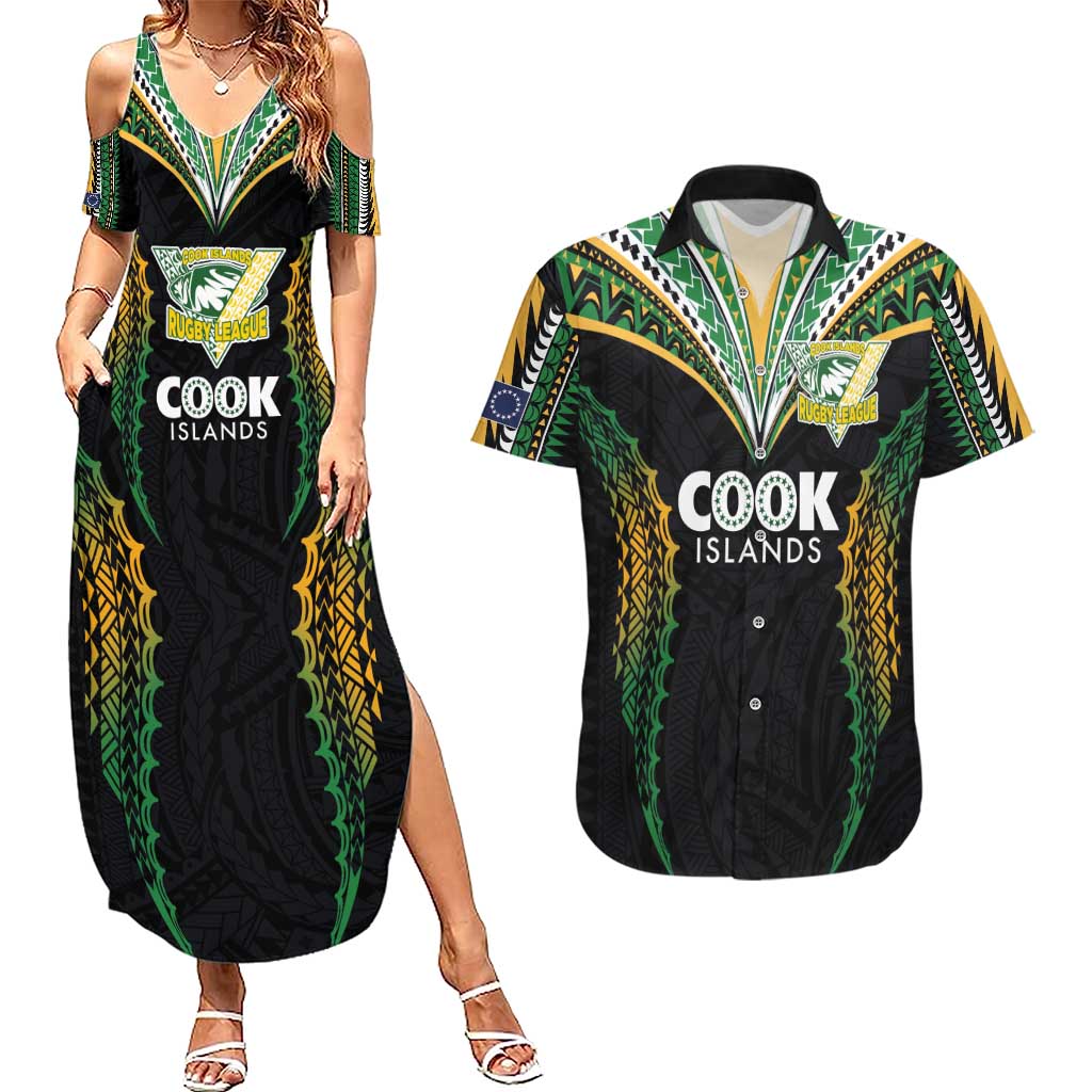 Custom Cook Islands Rugby League Couples Matching Summer Maxi Dress and Hawaiian Shirt Tatau Tribal Pattern-Special Edition Black Color LT03 Green-Black - Polynesian Pride