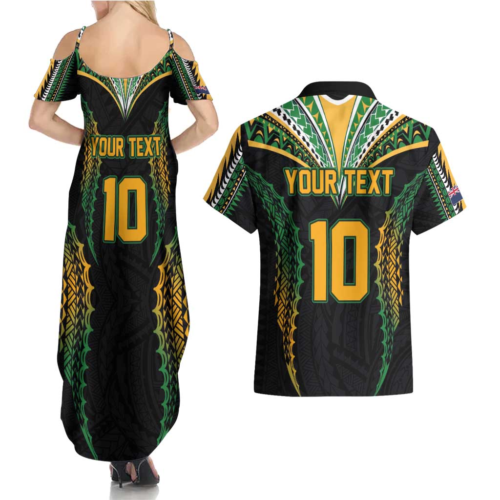 Custom Cook Islands Rugby League Couples Matching Summer Maxi Dress and Hawaiian Shirt Tatau Tribal Pattern-Special Edition Black Color LT03 - Polynesian Pride