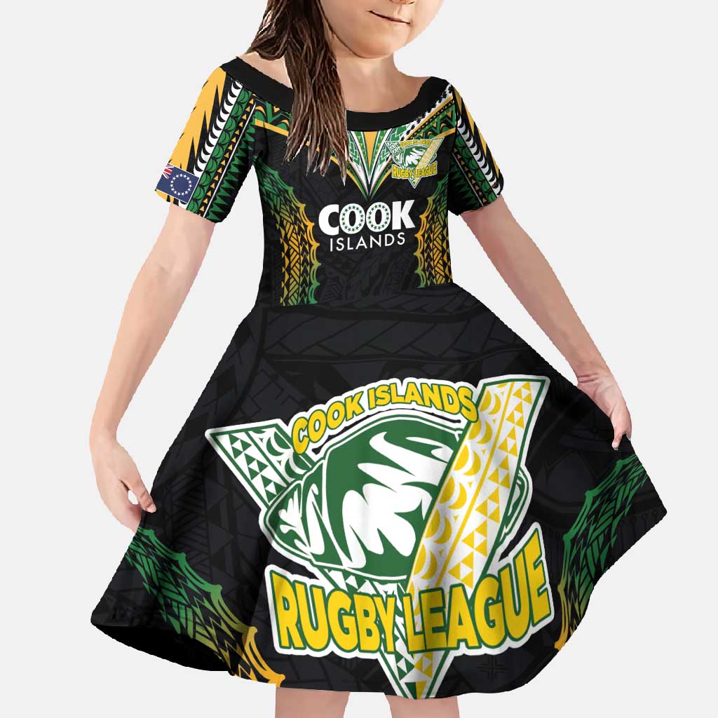 Custom Cook Islands Rugby League Family Matching Mermaid Dress and Hawaiian Shirt Tatau Tribal Pattern-Special Edition Black Color LT03 Daughter's Dress Green-Black - Polynesian Pride