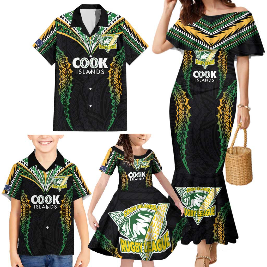 Custom Cook Islands Rugby League Family Matching Mermaid Dress and Hawaiian Shirt Tatau Tribal Pattern-Special Edition Black Color LT03 - Polynesian Pride