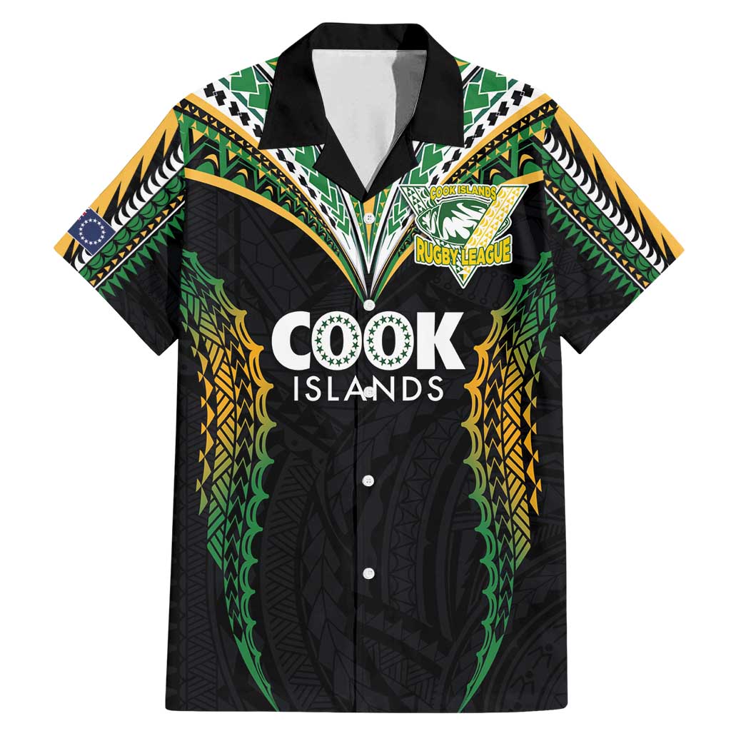 Custom Cook Islands Rugby League Family Matching Mermaid Dress and Hawaiian Shirt Tatau Tribal Pattern-Special Edition Black Color LT03 Dad's Shirt - Short Sleeve Green-Black - Polynesian Pride
