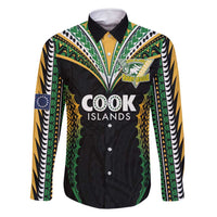 Custom Cook Islands Rugby League Family Matching Mermaid Dress and Hawaiian Shirt Tatau Tribal Pattern-Special Edition Black Color LT03 Dad's Shirt - Long Sleeve Green-Black - Polynesian Pride