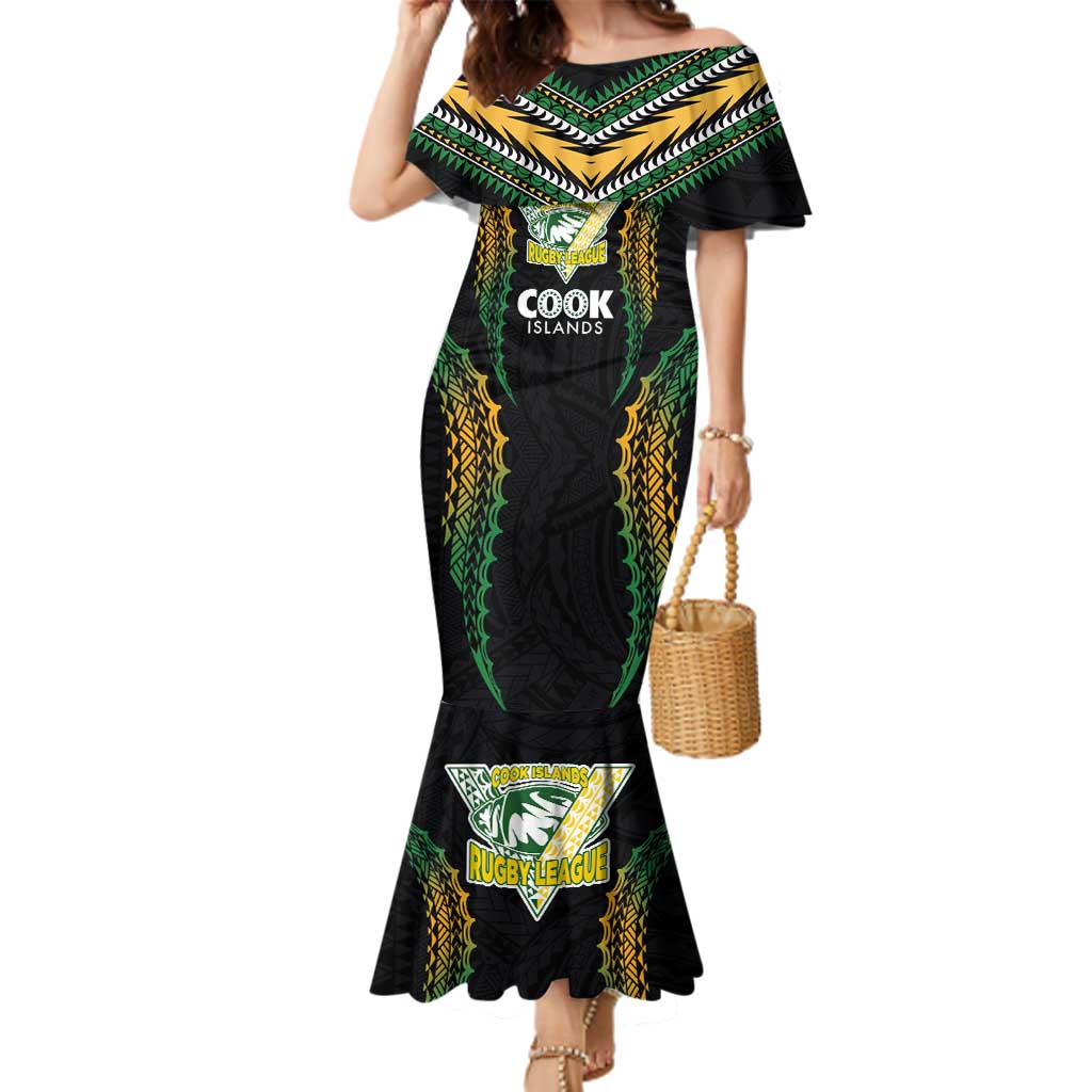 Custom Cook Islands Rugby League Family Matching Mermaid Dress and Hawaiian Shirt Tatau Tribal Pattern-Special Edition Black Color LT03 Mom's Dress Green-Black - Polynesian Pride