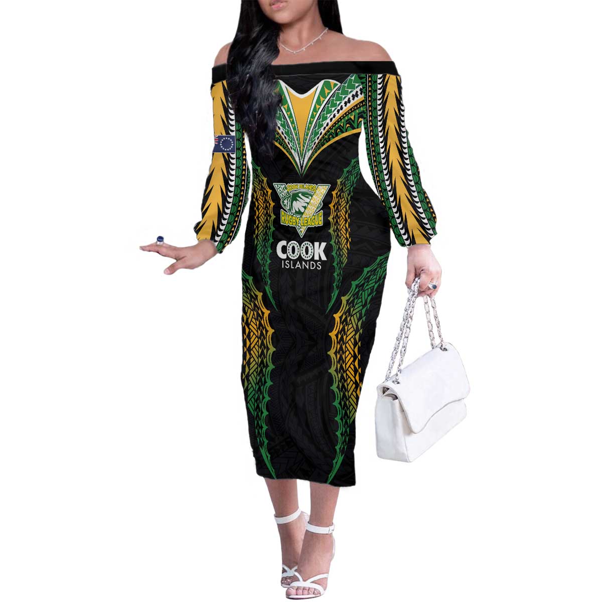 Custom Cook Islands Rugby League Family Matching Off The Shoulder Long Sleeve Dress and Hawaiian Shirt Tatau Tribal Pattern-Special Edition Black Color LT03 Mom's Dress Green-Black - Polynesian Pride