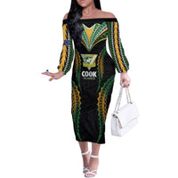 Custom Cook Islands Rugby League Family Matching Off The Shoulder Long Sleeve Dress and Hawaiian Shirt Tatau Tribal Pattern-Special Edition Black Color LT03 Mom's Dress Green-Black - Polynesian Pride