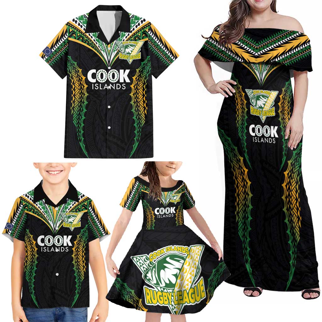 Custom Cook Islands Rugby League Family Matching Off Shoulder Maxi Dress and Hawaiian Shirt Tatau Tribal Pattern-Special Edition Black Color LT03 - Polynesian Pride