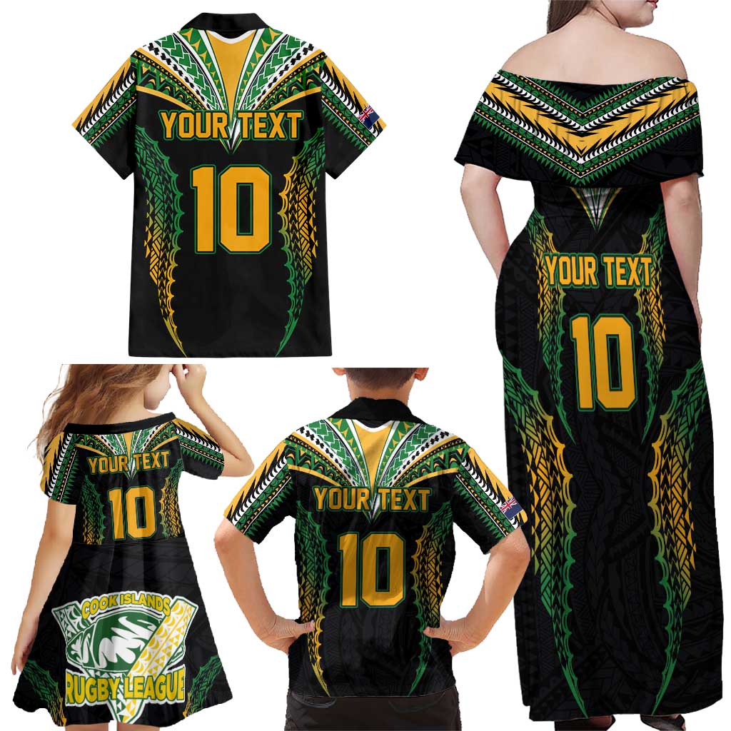 Custom Cook Islands Rugby League Family Matching Off Shoulder Maxi Dress and Hawaiian Shirt Tatau Tribal Pattern-Special Edition Black Color LT03 - Polynesian Pride