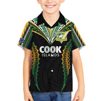 Custom Cook Islands Rugby League Family Matching Off Shoulder Maxi Dress and Hawaiian Shirt Tatau Tribal Pattern-Special Edition Black Color LT03 Son's Shirt Green-Black - Polynesian Pride