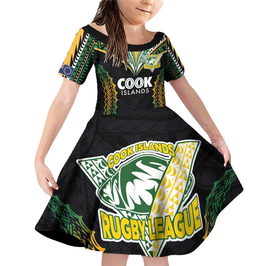 Custom Cook Islands Rugby League Family Matching Off Shoulder Short Dress and Hawaiian Shirt Tatau Tribal Pattern-Special Edition Black Color LT03 Daughter's Dress Green-Black - Polynesian Pride