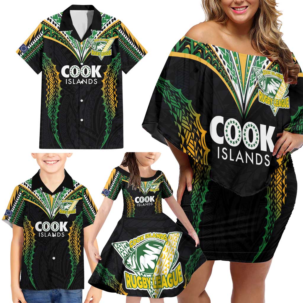 Custom Cook Islands Rugby League Family Matching Off Shoulder Short Dress and Hawaiian Shirt Tatau Tribal Pattern-Special Edition Black Color LT03 - Polynesian Pride