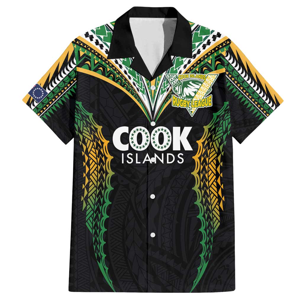 Custom Cook Islands Rugby League Family Matching Off Shoulder Short Dress and Hawaiian Shirt Tatau Tribal Pattern-Special Edition Black Color LT03 Dad's Shirt - Short Sleeve Green-Black - Polynesian Pride