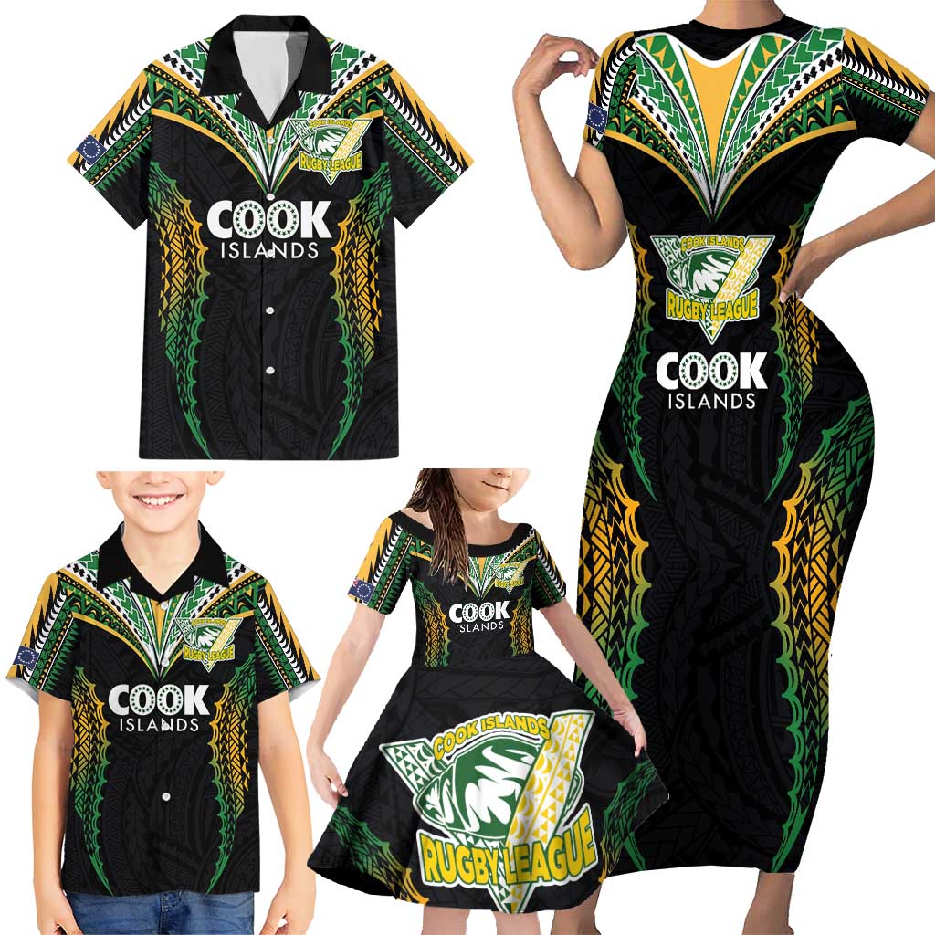 Custom Cook Islands Rugby League Family Matching Short Sleeve Bodycon Dress and Hawaiian Shirt Tatau Tribal Pattern-Special Edition Black Color LT03 - Polynesian Pride