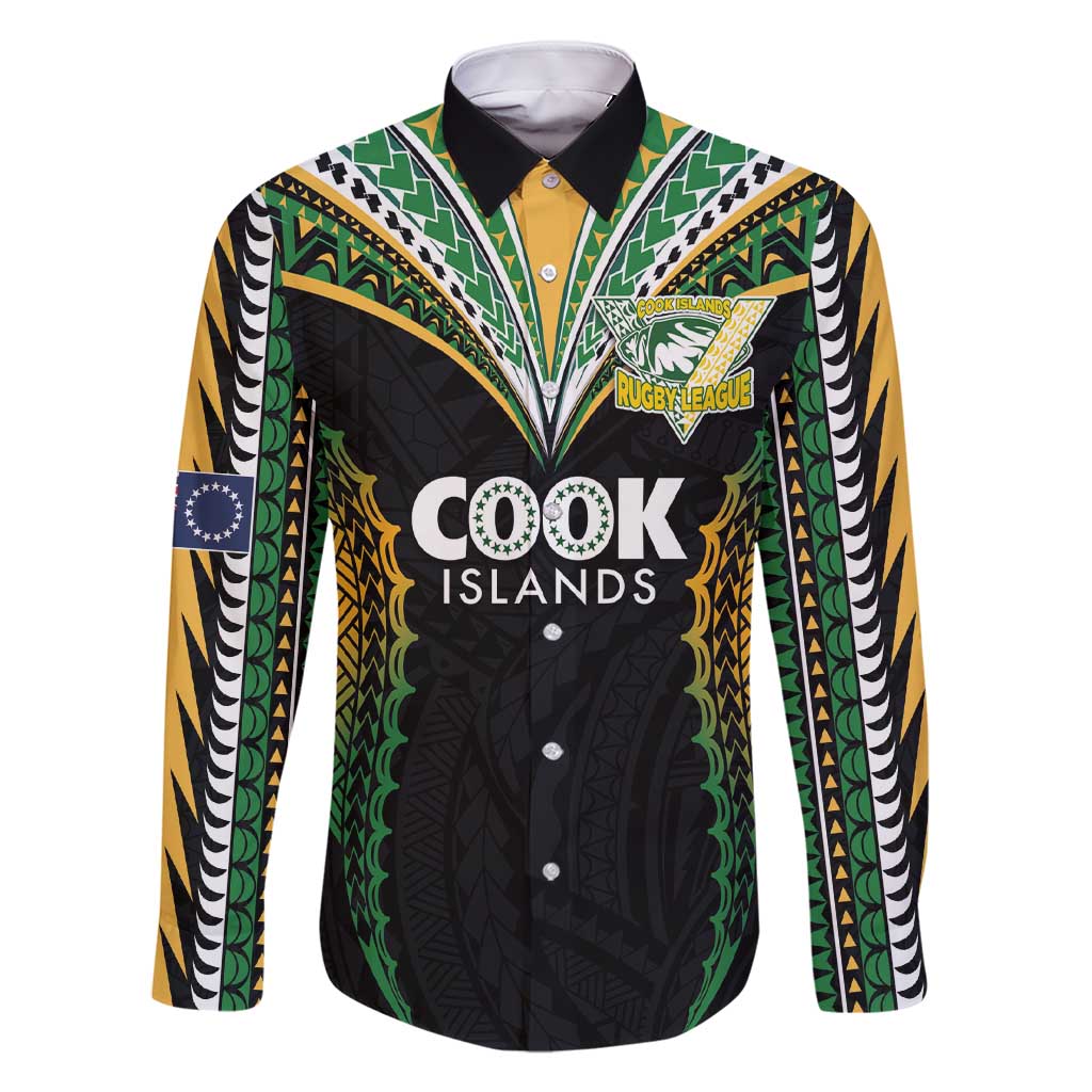 Custom Cook Islands Rugby League Family Matching Short Sleeve Bodycon Dress and Hawaiian Shirt Tatau Tribal Pattern-Special Edition Black Color LT03 Dad's Shirt - Long Sleeve Green-Black - Polynesian Pride