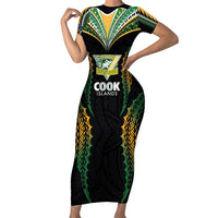 Custom Cook Islands Rugby League Family Matching Short Sleeve Bodycon Dress and Hawaiian Shirt Tatau Tribal Pattern-Special Edition Black Color LT03 Mom's Dress Green-Black - Polynesian Pride