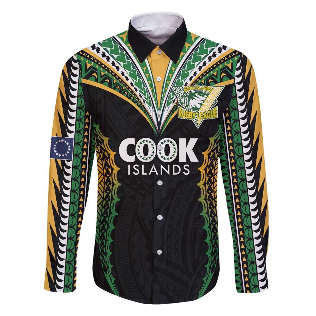 Custom Cook Islands Rugby League Family Matching Summer Maxi Dress and Hawaiian Shirt Tatau Tribal Pattern-Special Edition Black Color LT03 Dad's Shirt - Long Sleeve Green-Black - Polynesian Pride