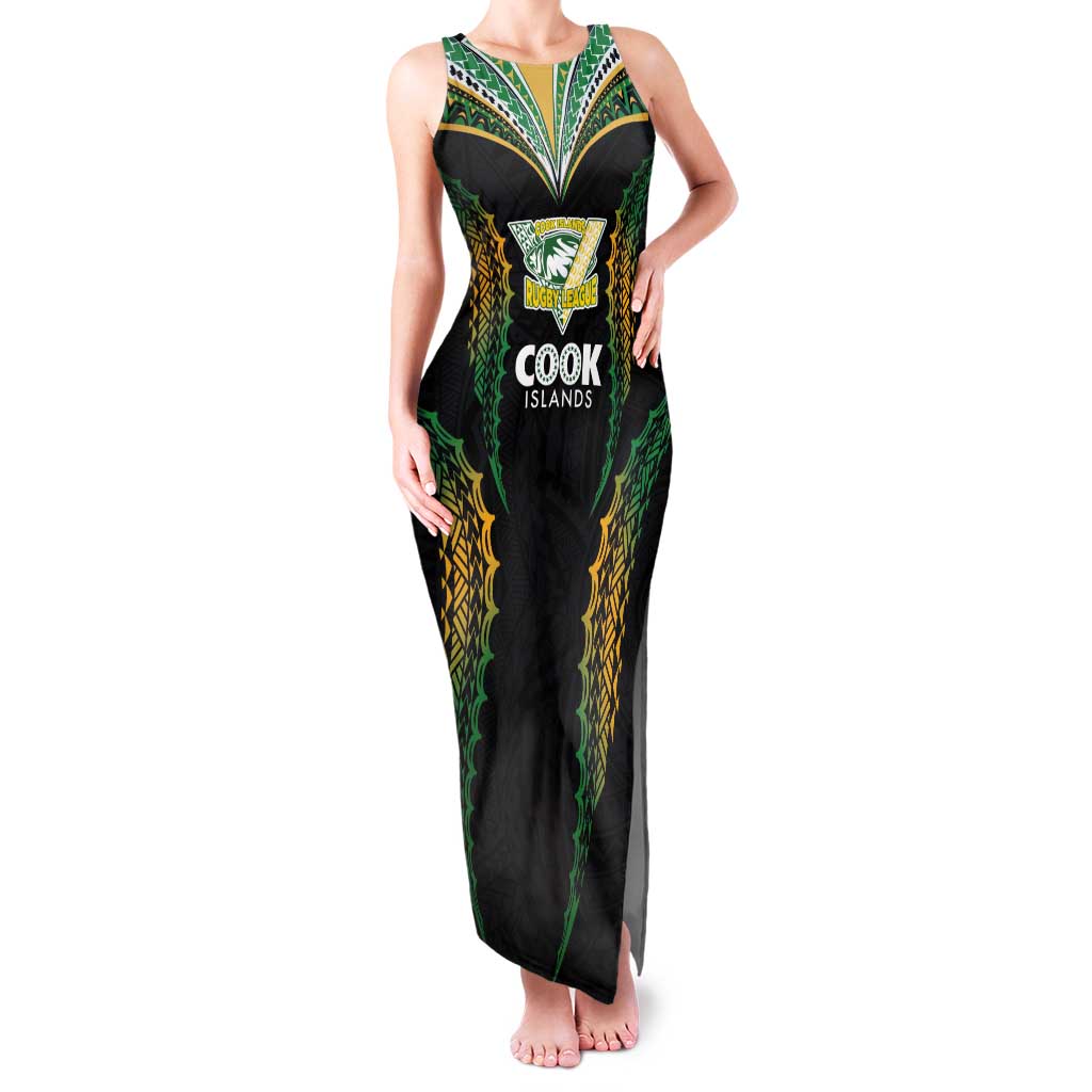 Custom Cook Islands Rugby League Family Matching Tank Maxi Dress and Hawaiian Shirt Tatau Tribal Pattern-Special Edition Black Color LT03 Mom's Dress Green-Black - Polynesian Pride