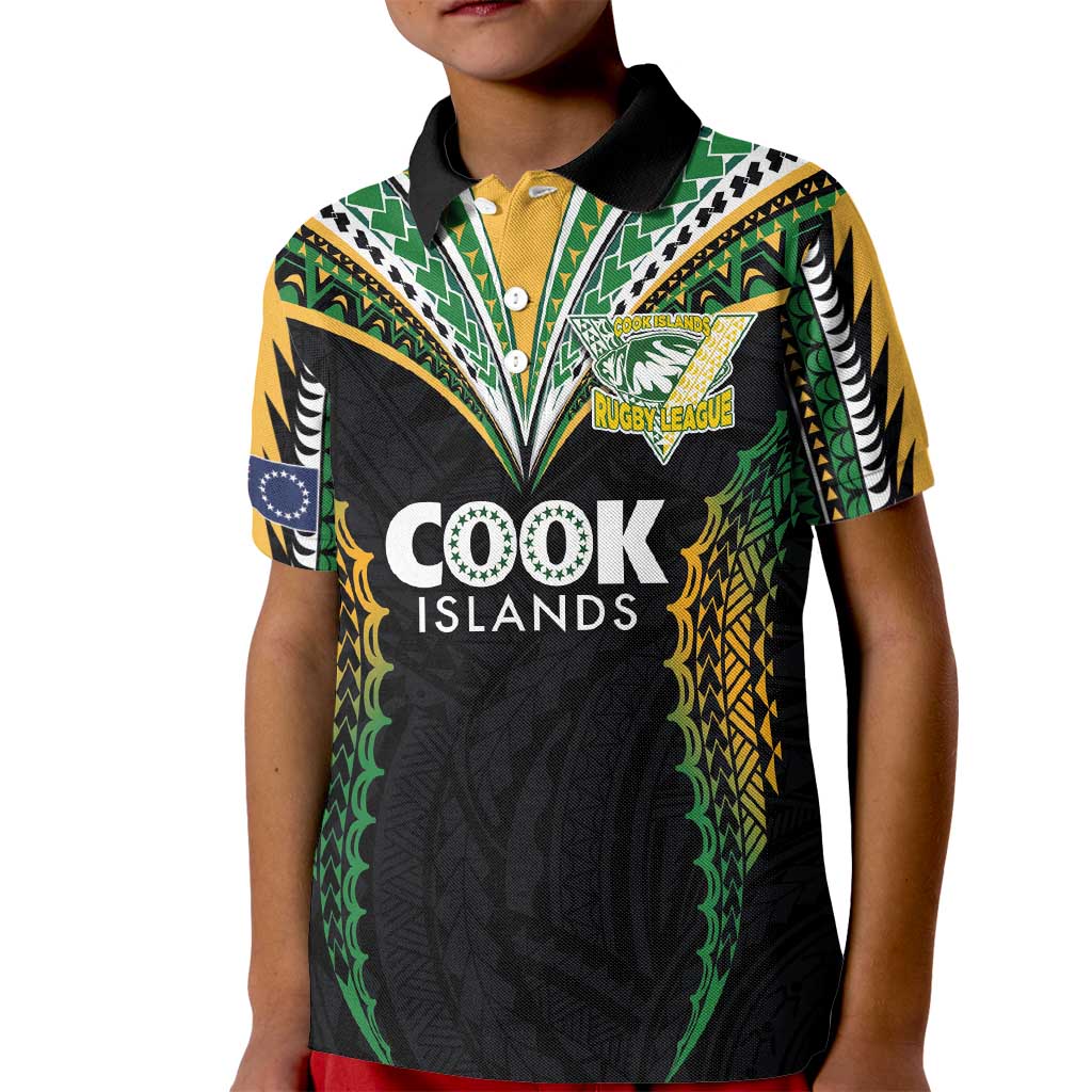 Custom Cook Islands Rugby League Kid Polo Shirt Tatau Tribal Pattern-Special Edition Black Color