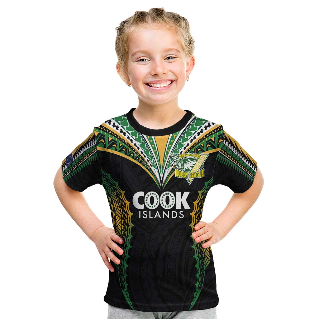 Custom Cook Islands Rugby League Kid T Shirt Tatau Tribal Pattern-Special Edition Black Color