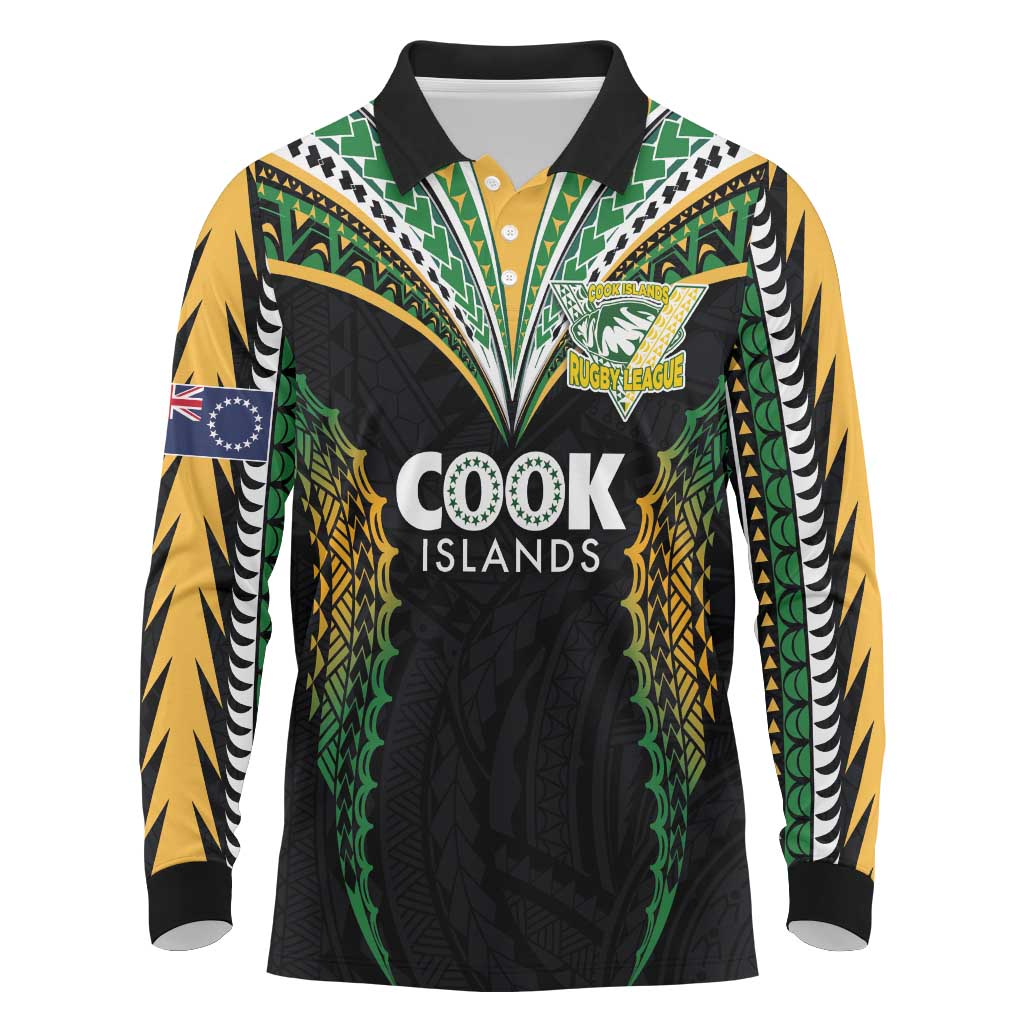 Custom Cook Islands Rugby League Long Sleeve Polo Shirt Tatau Tribal Pattern-Special Edition Black Color