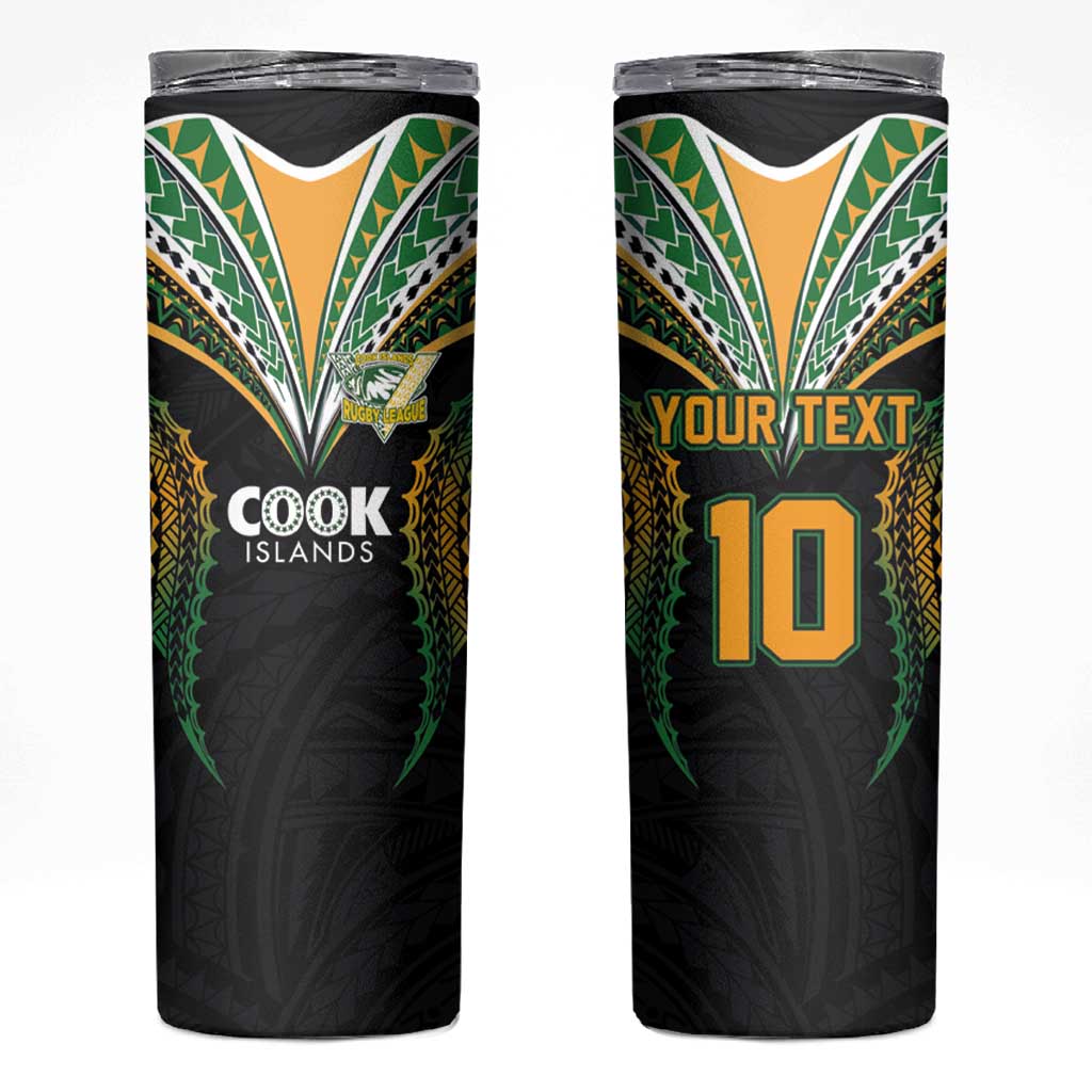Custom Cook Island Rugby League 2025 Skinny Tumbler Tatau Tribal Pattern-Special Edition Black Color LT03 Green-Black - Polynesian Pride