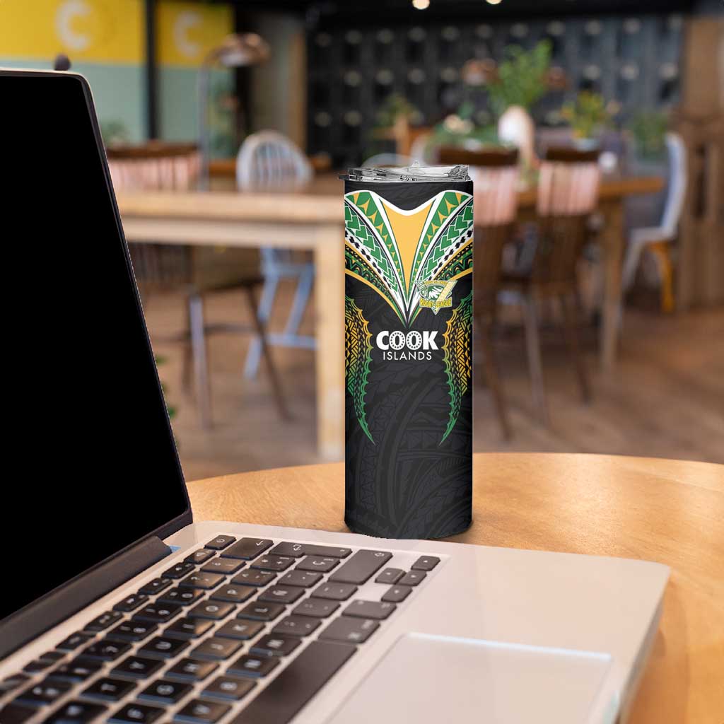 Custom Cook Island Rugby League 2025 Skinny Tumbler Tatau Tribal Pattern-Special Edition Black Color LT03 - Polynesian Pride