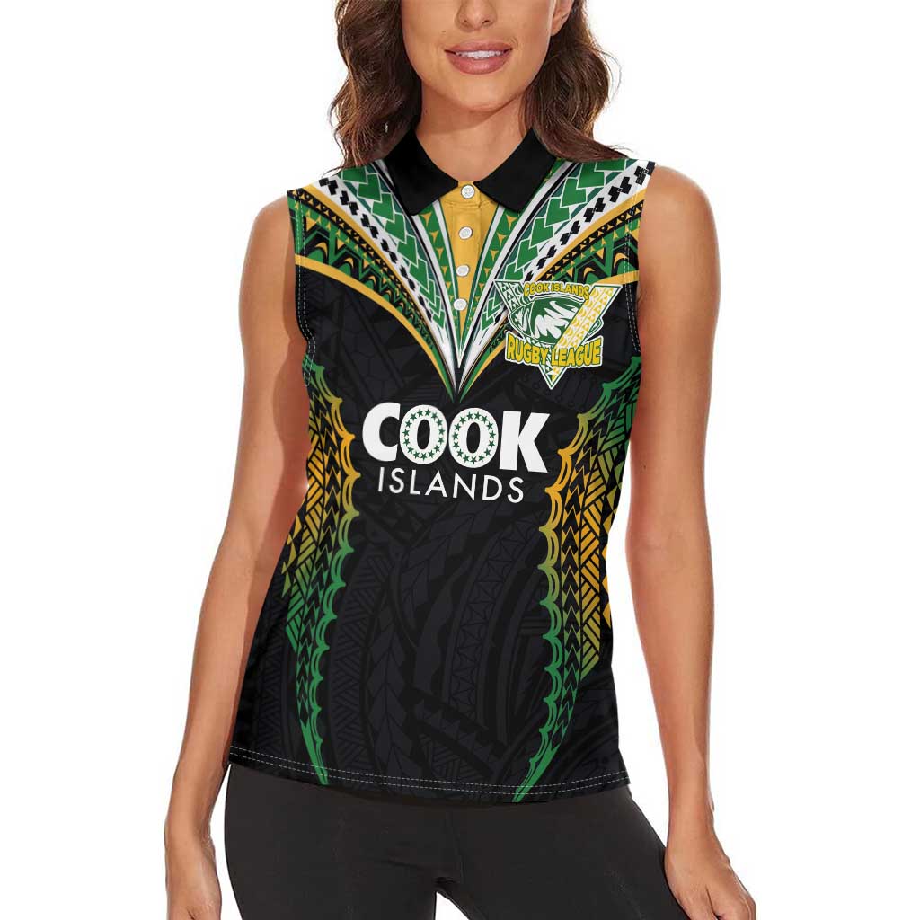 Custom Cook Islands Rugby League Women Sleeveless Polo Shirt Tatau Tribal Pattern-Special Edition Black Color