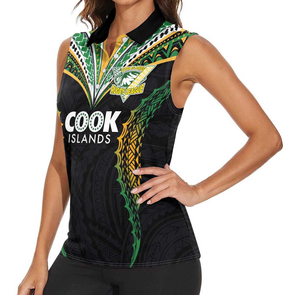 Custom Cook Islands Rugby League Women Sleeveless Polo Shirt Tatau Tribal Pattern-Special Edition Black Color
