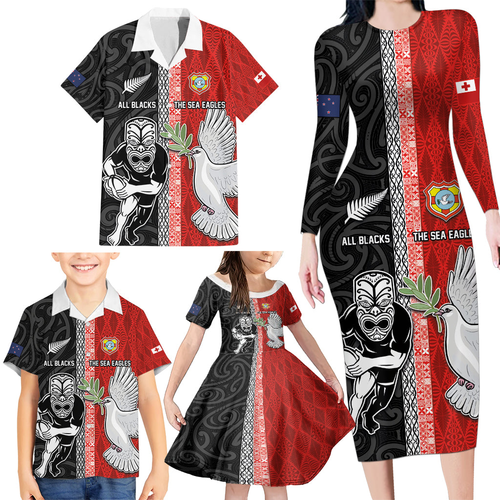 Custom Tonga and New Zealand Rugby Family Matching Long Sleeve Bodycon Dress and Hawaiian Shirt Maori Mix Ngatu Pattern LT03 - Polynesian Pride