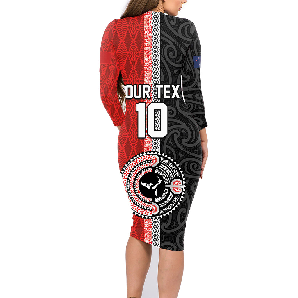 Custom Tonga and New Zealand Rugby Family Matching Long Sleeve Bodycon Dress and Hawaiian Shirt Maori Mix Ngatu Pattern LT03 - Polynesian Pride