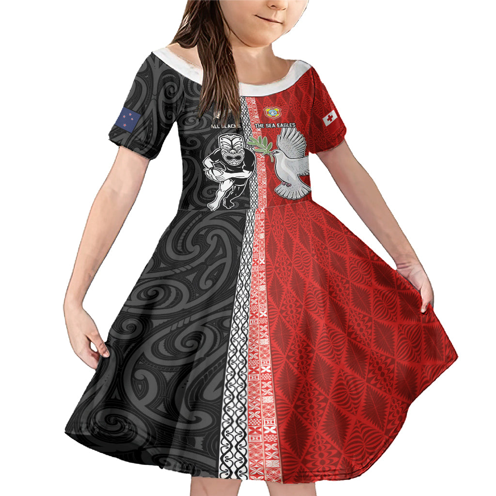 Custom Tonga and New Zealand Rugby Family Matching Mermaid Dress and Hawaiian Shirt Maori Mix Ngatu Pattern LT03 Daughter's Dress Black - Polynesian Pride