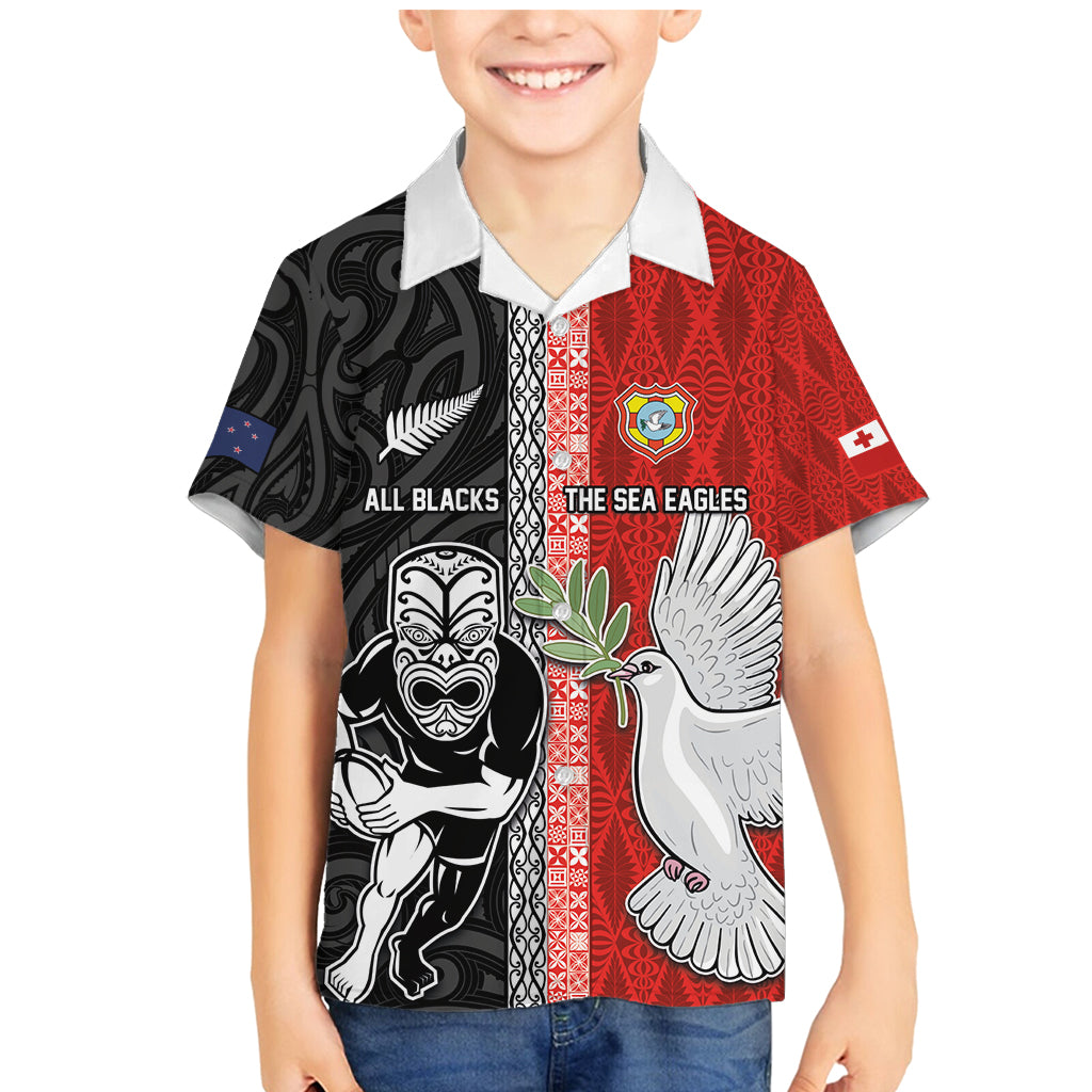 Custom Tonga and New Zealand Rugby Family Matching Mermaid Dress and Hawaiian Shirt Maori Mix Ngatu Pattern LT03 Son's Shirt Black - Polynesian Pride