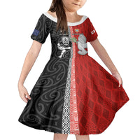 Custom Tonga and New Zealand Rugby Family Matching Off The Shoulder Long Sleeve Dress and Hawaiian Shirt Maori Mix Ngatu Pattern LT03 Daughter's Dress Black - Polynesian Pride