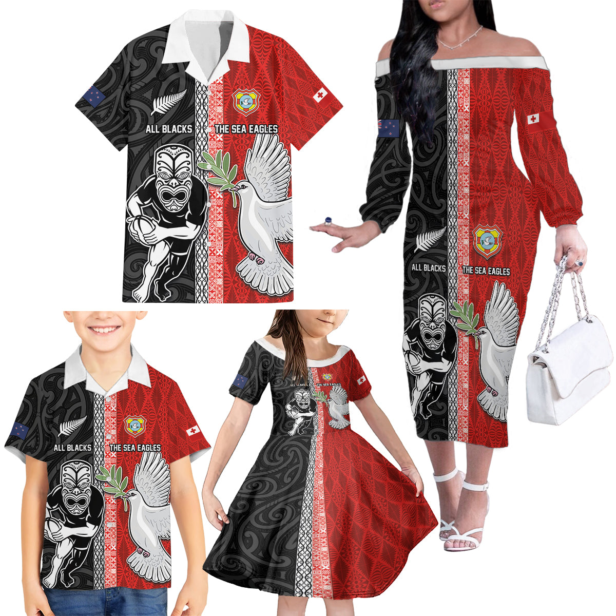 Custom Tonga and New Zealand Rugby Family Matching Off The Shoulder Long Sleeve Dress and Hawaiian Shirt Maori Mix Ngatu Pattern LT03 - Polynesian Pride