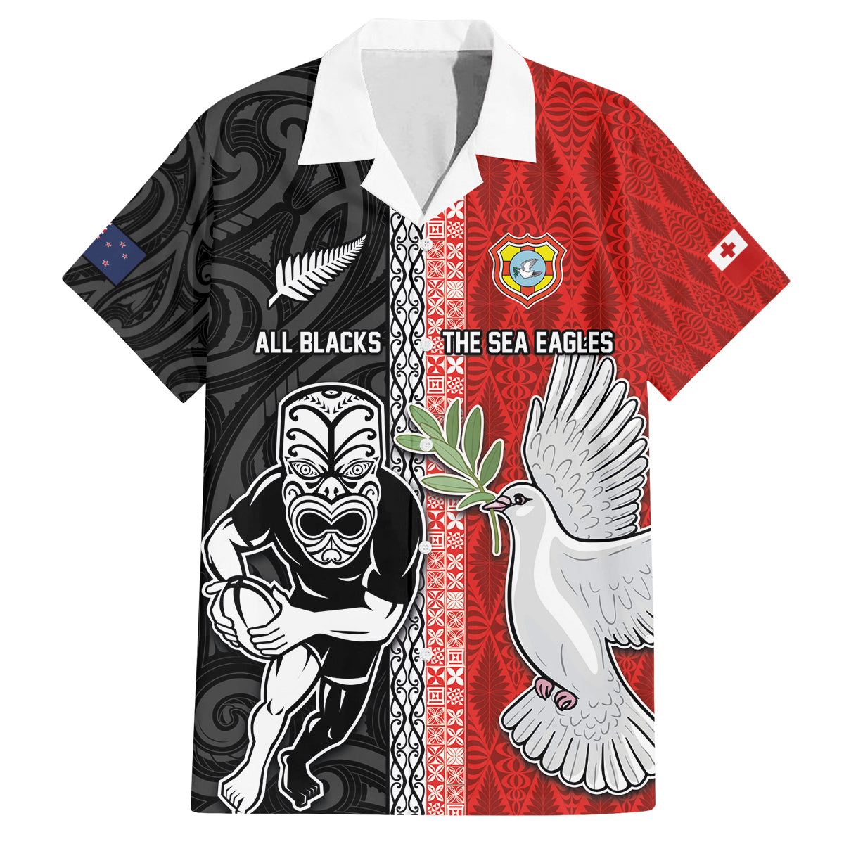 Custom Tonga and New Zealand Rugby Family Matching Off The Shoulder Long Sleeve Dress and Hawaiian Shirt Maori Mix Ngatu Pattern LT03 Dad's Shirt - Short Sleeve Black - Polynesian Pride