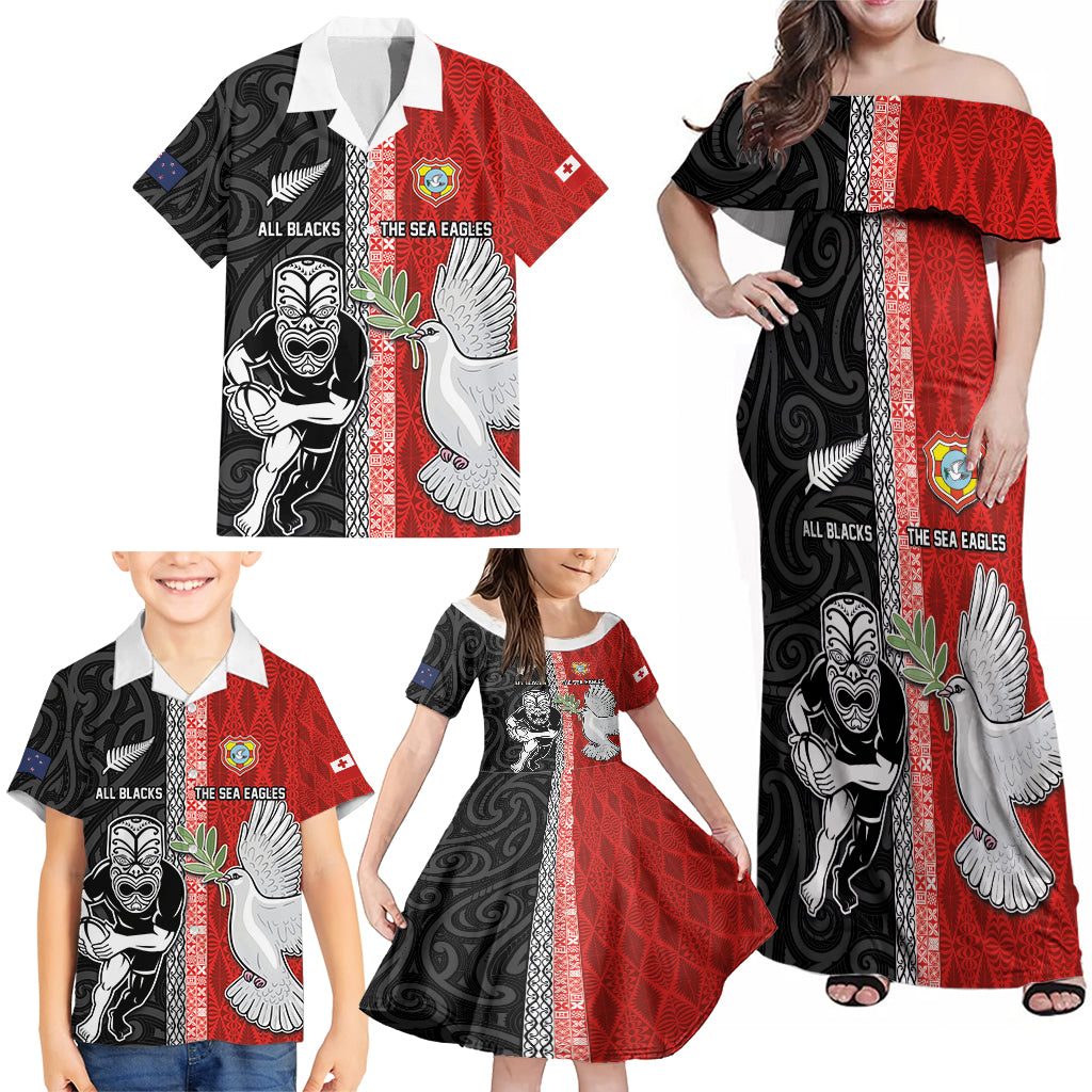 Custom Tonga and New Zealand Rugby Family Matching Off Shoulder Maxi Dress and Hawaiian Shirt Maori Mix Ngatu Pattern LT03 - Polynesian Pride