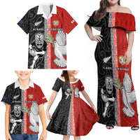 Custom Tonga and New Zealand Rugby Family Matching Off Shoulder Maxi Dress and Hawaiian Shirt Maori Mix Ngatu Pattern LT03 - Polynesian Pride