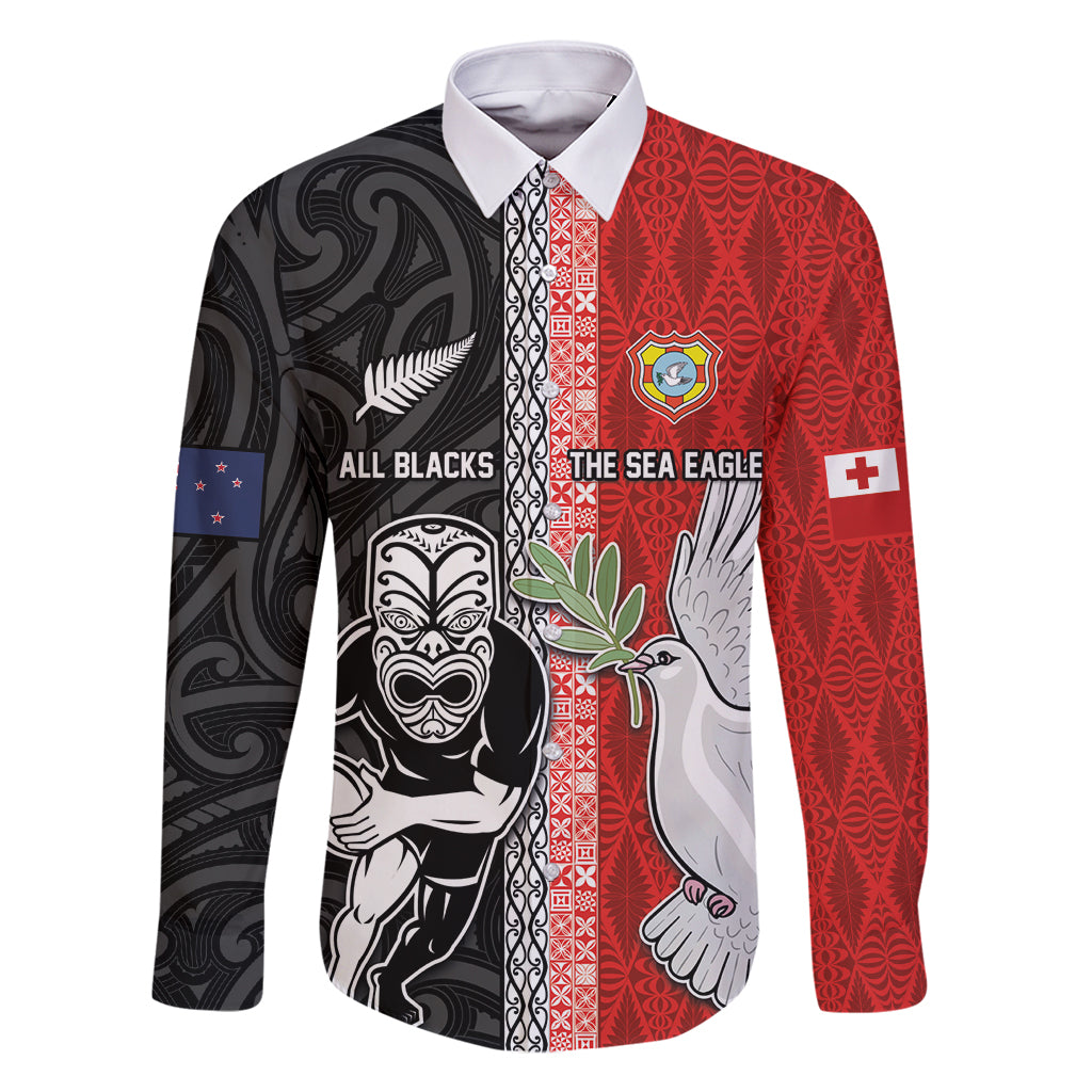 Custom Tonga and New Zealand Rugby Family Matching Off Shoulder Maxi Dress and Hawaiian Shirt Maori Mix Ngatu Pattern LT03 Dad's Shirt - Long Sleeve Black - Polynesian Pride