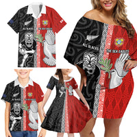 Custom Tonga and New Zealand Rugby Family Matching Off Shoulder Short Dress and Hawaiian Shirt Maori Mix Ngatu Pattern LT03 - Polynesian Pride