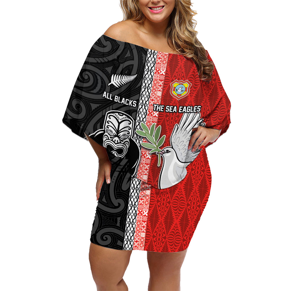 Custom Tonga and New Zealand Rugby Family Matching Off Shoulder Short Dress and Hawaiian Shirt Maori Mix Ngatu Pattern LT03 Mom's Dress Black - Polynesian Pride