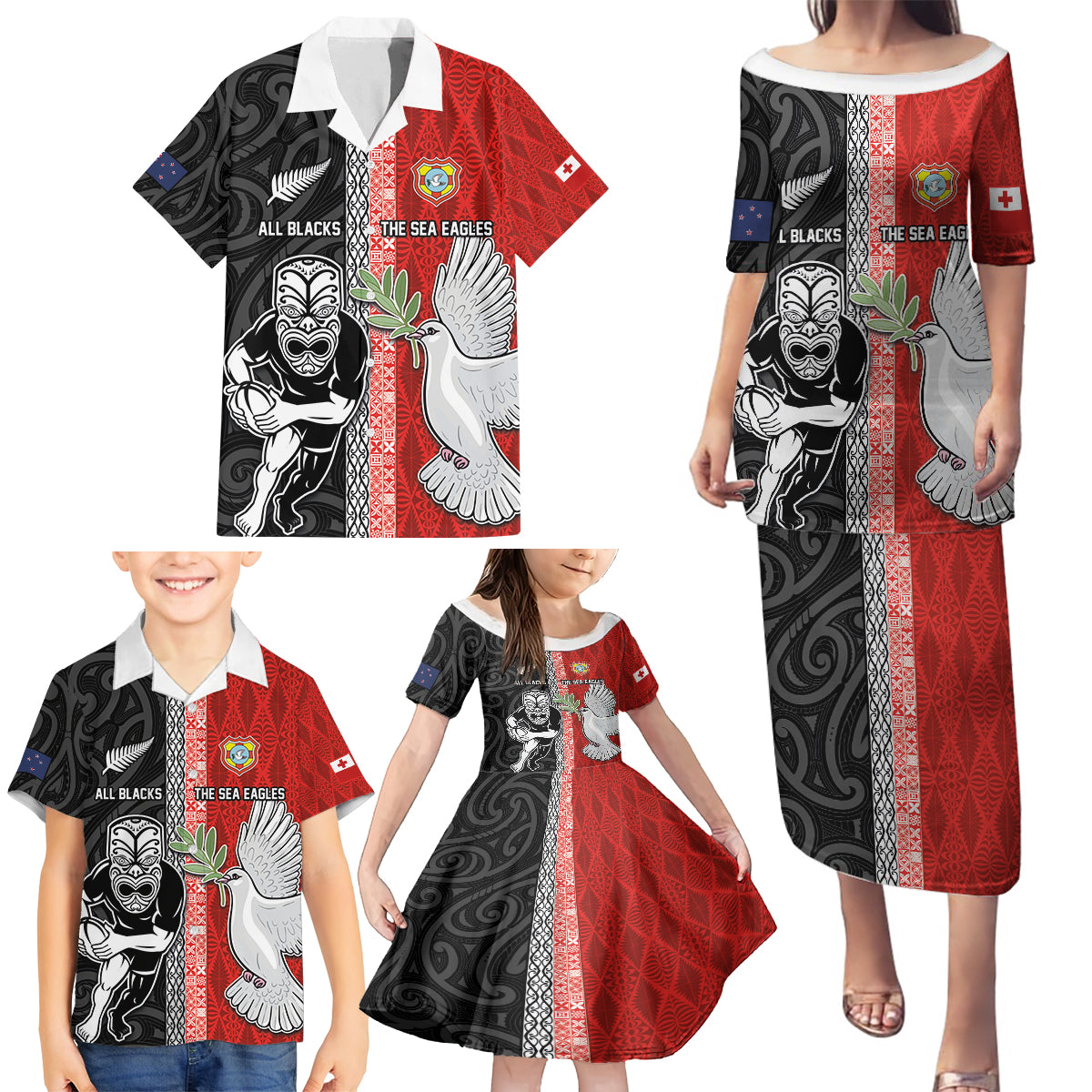 Custom Tonga and New Zealand Rugby Family Matching Puletasi and Hawaiian Shirt Maori Mix Ngatu Pattern LT03 - Polynesian Pride