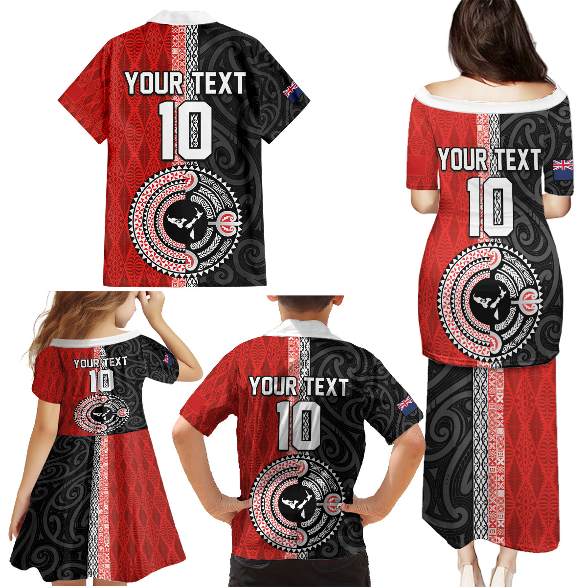 Custom Tonga and New Zealand Rugby Family Matching Puletasi and Hawaiian Shirt Maori Mix Ngatu Pattern LT03 - Polynesian Pride