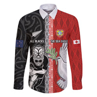 Custom Tonga and New Zealand Rugby Family Matching Puletasi and Hawaiian Shirt Maori Mix Ngatu Pattern LT03 Dad's Shirt - Long Sleeve Black - Polynesian Pride