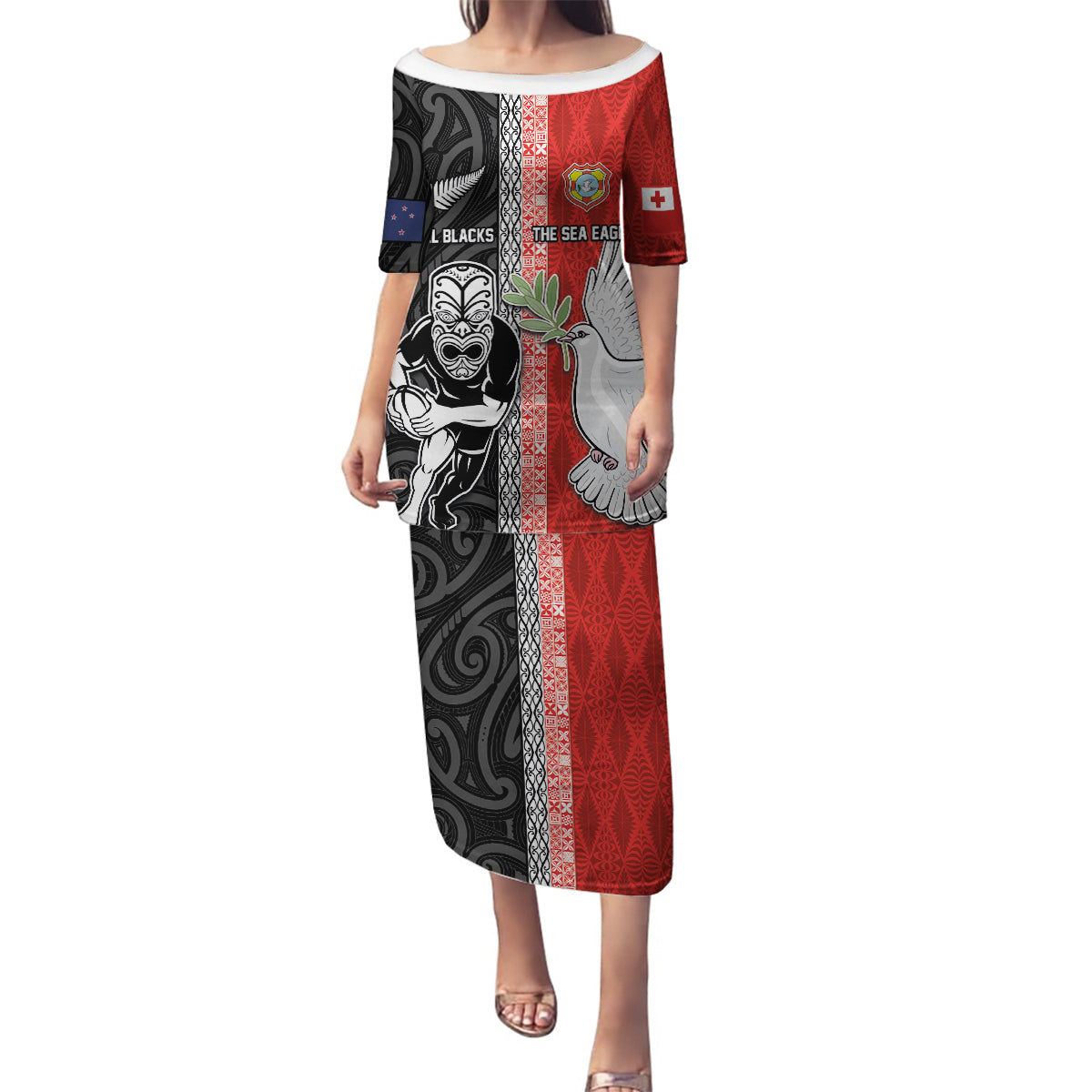 Custom Tonga and New Zealand Rugby Family Matching Puletasi and Hawaiian Shirt Maori Mix Ngatu Pattern LT03 Mom's Dress Black - Polynesian Pride