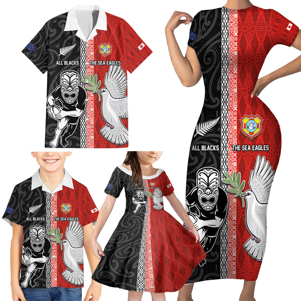 Custom Tonga and New Zealand Rugby Family Matching Short Sleeve Bodycon Dress and Hawaiian Shirt Maori Mix Ngatu Pattern LT03 - Polynesian Pride