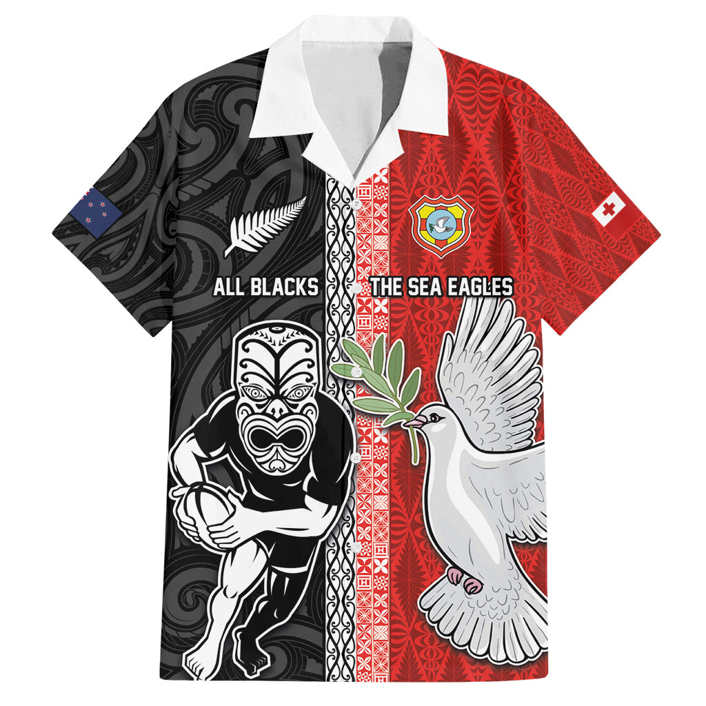 Custom Tonga and New Zealand Rugby Family Matching Summer Maxi Dress and Hawaiian Shirt Maori Mix Ngatu Pattern LT03 Dad's Shirt - Short Sleeve Black - Polynesian Pride