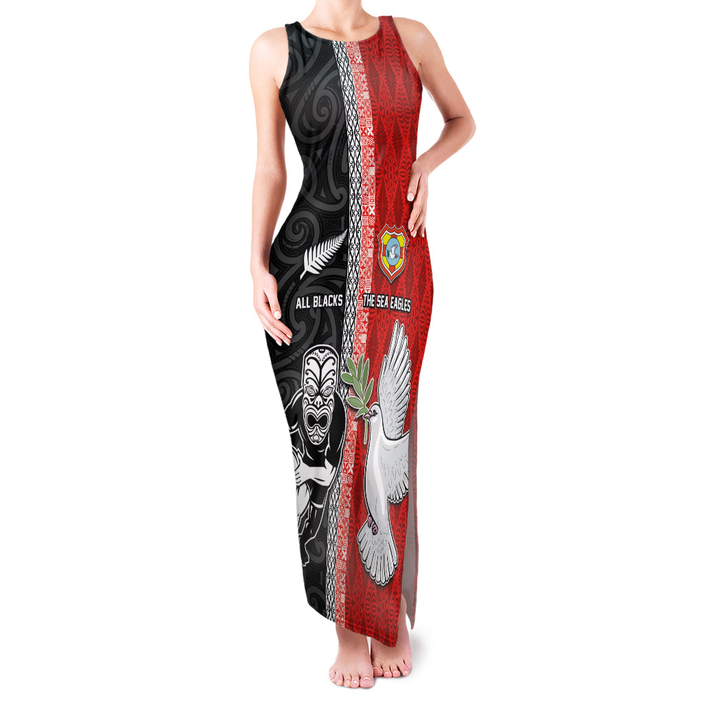 Custom Tonga and New Zealand Rugby Family Matching Tank Maxi Dress and Hawaiian Shirt Maori Mix Ngatu Pattern LT03 Mom's Dress Black - Polynesian Pride